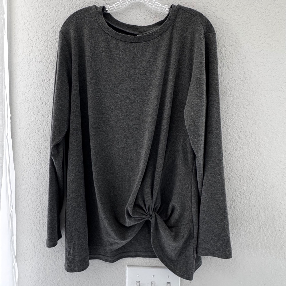 NILOUFO Womens XL Charcoal Gray Long Sleeve Side Knot Twist Hem Crew Neck Top